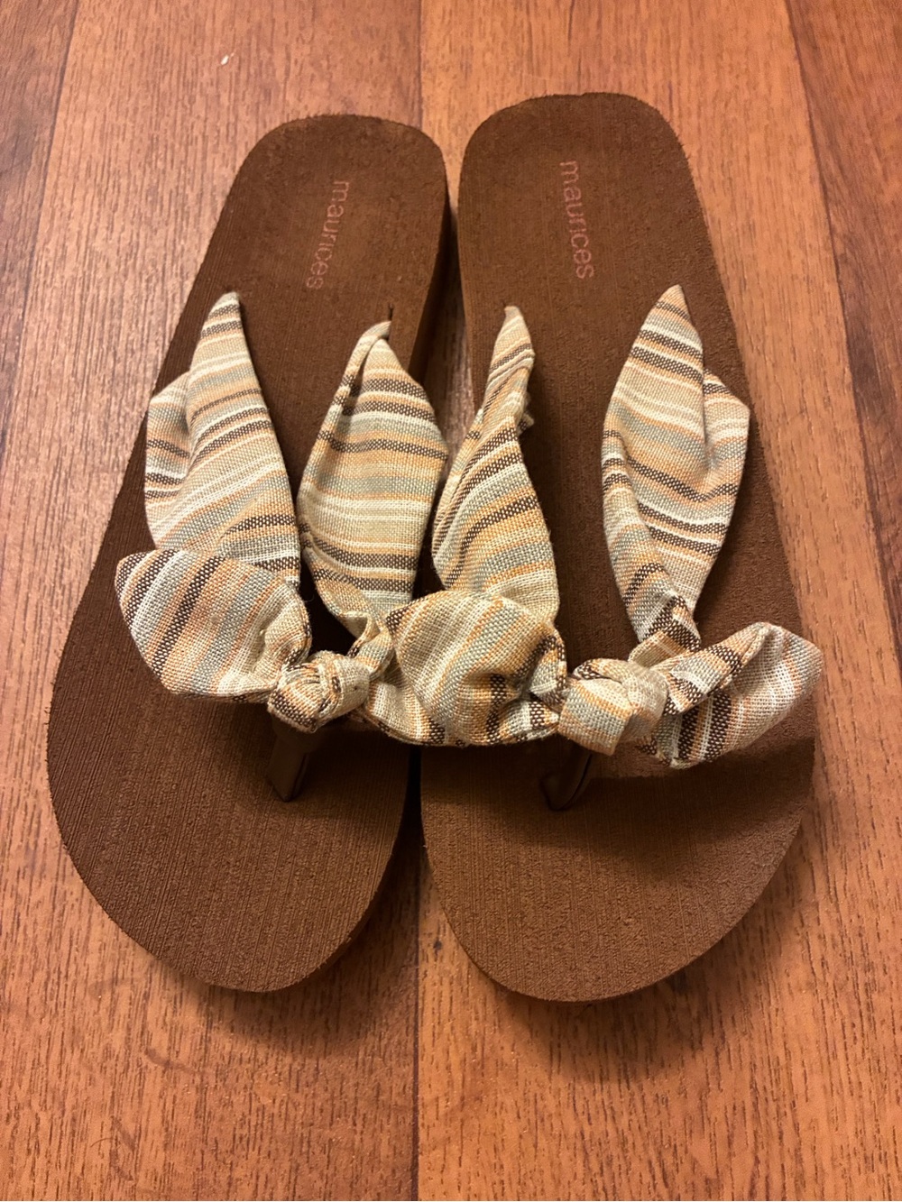 Maurices Brown Flip Flop Sandals with Neutral Striped Knot Straps